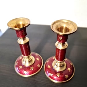 Set 2 Brass Candle Holders Red Enamel Gold Stars, Astrological Celestial Tapper Candlestick Holders, Whimsical Witchy Wiccan Alter Decor