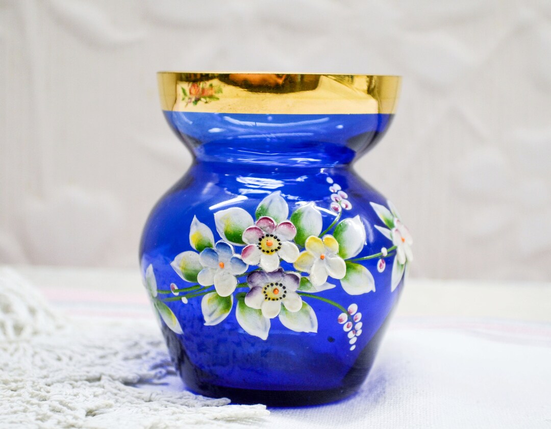 Cobalt Blue Glass Bud Vase With Gold Rim and Hand Painted Etsy