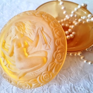 Art Deco Glass Trinket Box with Lid, Yellow Frosted Glass, Nymph Fairy Jewelry Box, Vanity Dresser Powder Jar Pot, Gift for Her Mum