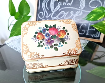 English Tin Lidded Trinket Box Container, Yellow Gold flower, Small rectangular Daher Tin Storage Box with crackle, Collector victorian Tin