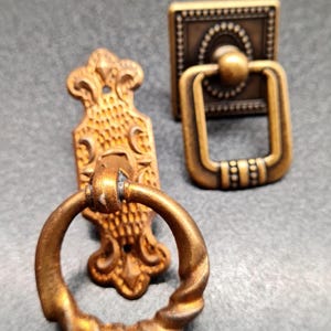 Vintage Brass Ring Drawer Pull, Ornate Backplate Cabinet Handle, Antique Victorian Style Furniture Hardware