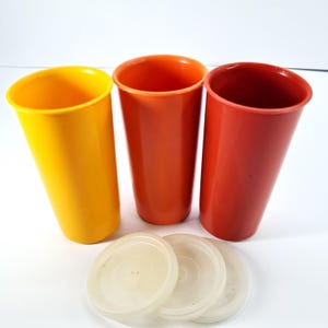Set 3 Tupperware Tumblers with Lids 5oz Orange Red Yellow for Juice Yoghurt Drinking Camping Cups Belgium, Storage Container MCM 70s
