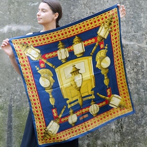 Authentic HERMÈS Silk Scarf Paris Feux de Route by Caty Latham Red, Vintage Hermes blue gold Carre Foulard, Carriage Light Lantern Lamps