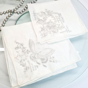 Antique White on White Hand Embroidered Wedding Hankie Floral & Butterfly, Intricate Embroidery Hanky Swiss Appenzell Style