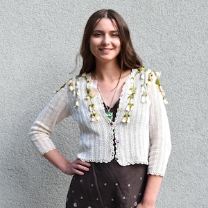 White Lace Crochet Cardigan Button Up, UK 10 Size S, Boho Cottagecore Hand-Knit Sheer Summer Short Jacket with Floral Embellishments