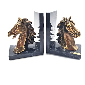 Vintage Gold Horse Head Bookends on Marble Base Made in France, Brass Heavy Equestrian Library Decor, 1970s Office Gift for Horse Lover