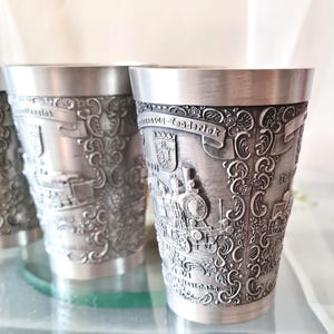 Set 2 German Pewter Cup Mug Tumbler Goblet Historical Railways Gift Locomotives Stuttgart, Metal Wine Glass Zinn 95%, 10 Anniversary Gift