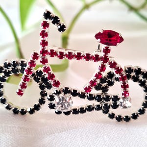 Bike Brooch Black Red Rhinestone, Bicycle Pin, Czech Crystal Unique Midcentury Jewelry Gift for Her, Childrens Bicycle Pin Austria Vintage