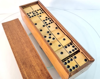 Antique Wood & Bone Dominoes Set 45pcs in Wooden Box, French Classic Board Retro Traditional Pub Family Game, Gift for Him Dad Men