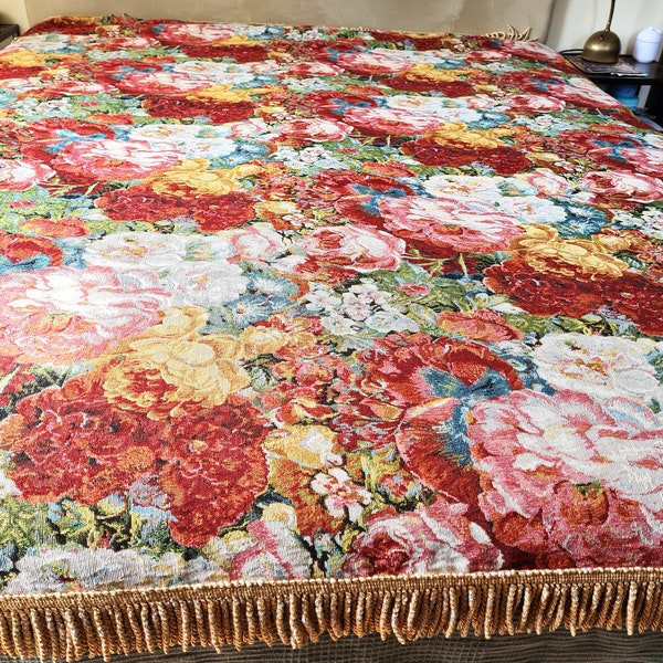 Blumen Decke Wandteppich Jacquard Tagesdecke, Vintage Floral Gewebte Königin Bettdecke mit Gold Fransen, Cottagecore Baumwolle Sofa Bettbezug