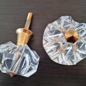 Dummy Glass Door Knobs Lucite Acrylic Brass Vintage 50s, Mortice Interior Clear Transparent Crystal Knobs, Round Scalloped Pull Handle