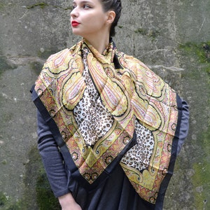 Boho Paisley Pure Silk Scarf Black Yellow Square Hippy Maxi Bohemian Shawl Wrap, Mandala Lightweight Head Scarf, Gift for Her
