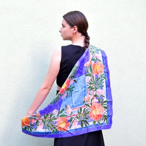 Blue Teal Purple Scarf Hand Painted, Pure Silk Summer Light and Airy Peony Flowers, Watercolor Floral Bright Shawl, Gift for her Women Wife