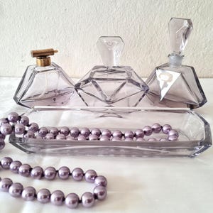 Art Deco Purple Glass Vanity Set Echt Kristall German, Dressing Table Amethyst Crystal Glass Trinket Tray, Jewelry Box, Perfume Bottle