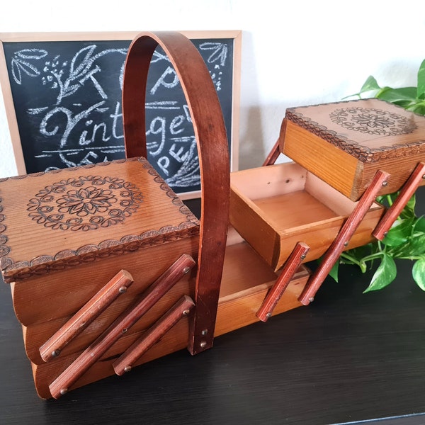 Boîte de rangement en bois pour travaux manuels accordéon, rangement pour travaux manuels, panier de fournitures, grande boîte pliante en bois vintage, cadeau pour amateur de couture artisanale