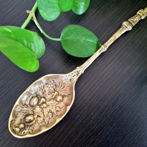 Gold Serving Spoon with Embossed Fruits, Antique Brass Ornate Witchcraft Altar Spoon, Vintage Serving Utensil, Hostess Gift Kitchen Decor