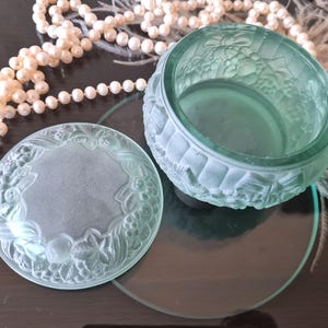 Vintage Frosted Mint Green Glass Trinket Box with Floral Relief, Art Deco Style Vanity Dresser Jar, Hoffmann Bohemian, Unique Gift for Her