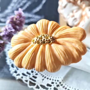 Art Deco Flower Brooch Pale Yellow Antique France 40s Ivory Celluloid Early Plastic, Carved Blossom Costume Jewelry Pin Trombone clasp