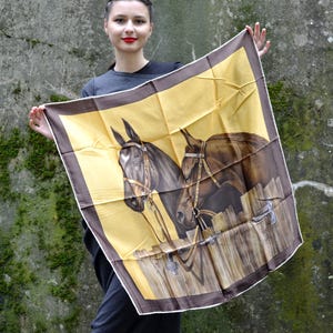 HORSE Print Silk Scarf Western Equestrian, Royal Bohemian Kerchief Square Neck Scarf Bridle Straps Brown Black Scarf