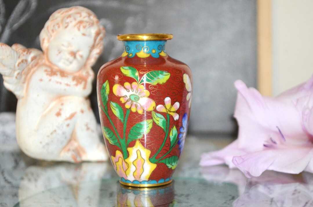 SMALL CLOISONNE Bud VASE 3in/8cm, Chinese Terracotta Bud Vase With
