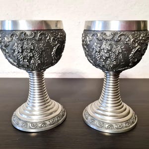 Pair Pewter Chalices Goblets Roemers in Wood Box, Vintage German Wine Glasses Bunches of Grapes, Tin 10 Year Wedding Anniversary gift