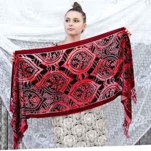 Red Burnout Velvet Silk Scarf, Boho Floral Shawl with Fringe, Burgundy Shawl Wrap, Gift for Her Women