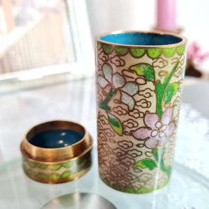 Antique Chinese Cylindrical Box Tea Caddy or Snuff Stash, Small Cloisonne Enamel Brass Floral Design Miniature Jar Round Canister