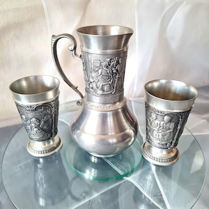 Wine Decanter Pitcher Jug & Set 2 Glasses Cups Mugs, West Germany PEWTER Artina SKS ZINN, Medieval Wedding Decor, Tin Anniversary Gift