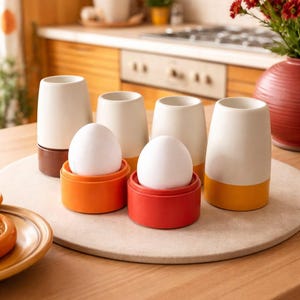 Tupperware Eierbecher Set 4tlg mit Deckel, Retro 70er Jahre Orange Kunststoff Eierbecher, Mid Century Frühstück Vintage Küchengeschirr Sammlung