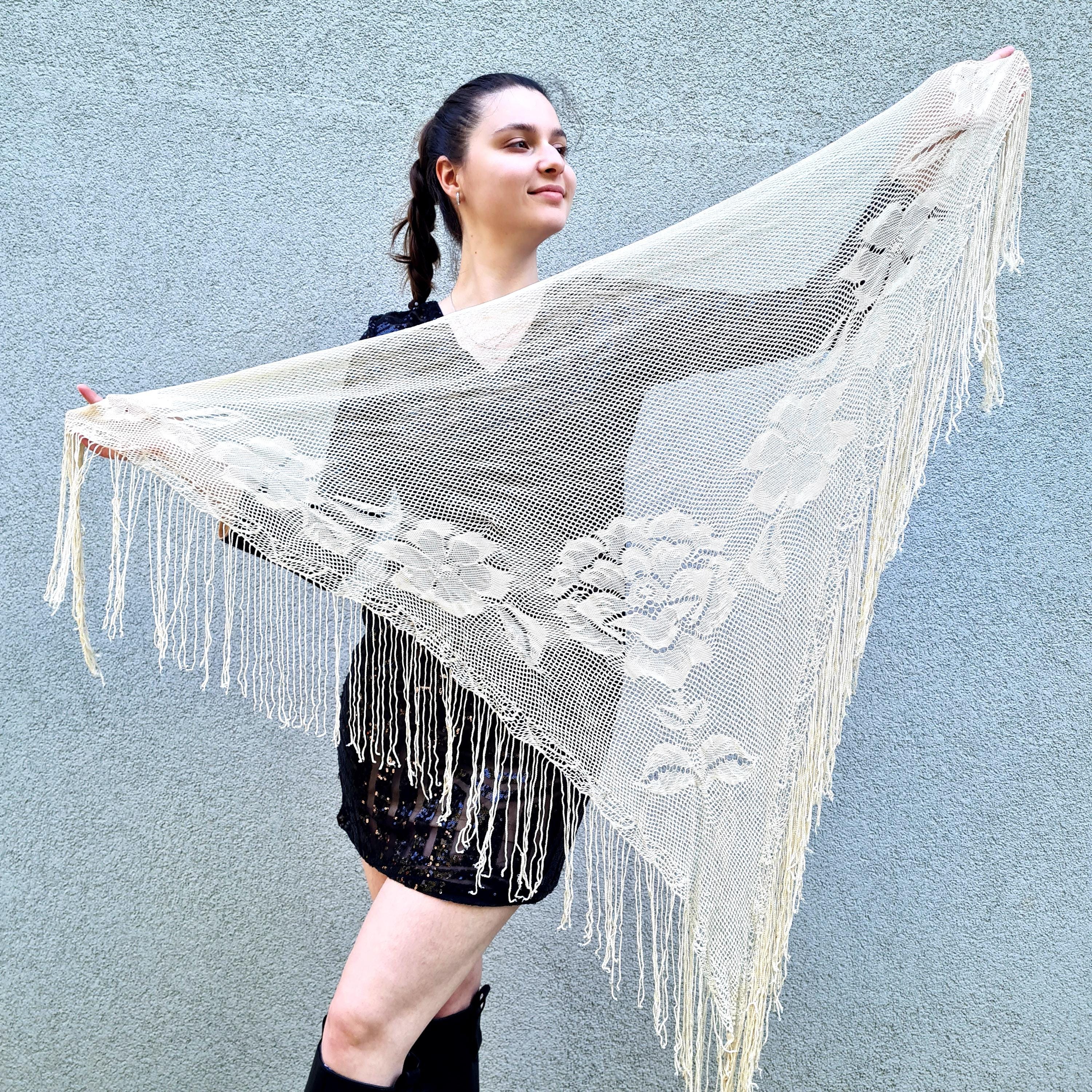 RESERVED Beige Lace Scarf, Ivory Cream Wrap With Fringe
