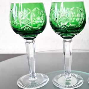 2 Green Cristal Cordial Liquor Glasses, Footed Aperitif Glasses with Grape, Bohemian Cut to Clear Glass Steamwear, Anniversary Gift