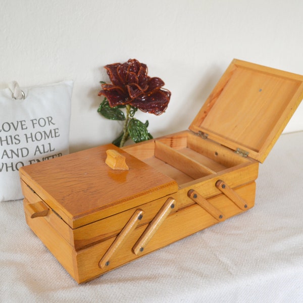 Panier d’armoire en porte-à-faux en bois à coudre, boîte à bibelots pliante en accordéon vintage, rangement de fournitures, organisateur de boîte à bijoux de bureau rétro