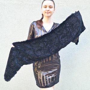 Black Velvet Scarf Art deco Shawl Wrap with Fur Trim Edge, Elegant Party Evening Shawl, Gift for Her Mum