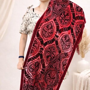 Red Velvet Floral Shawl with Fringe, Vintage Burgundy Devore Scarf, Statement Wrap, Gift for Her