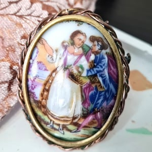 Limoges France Porcelain Brooch Pin Trombone Closure Victorian Couple Courting Scene, Vintage 50s Midcentury Jewelry, Elegant Gift for Her