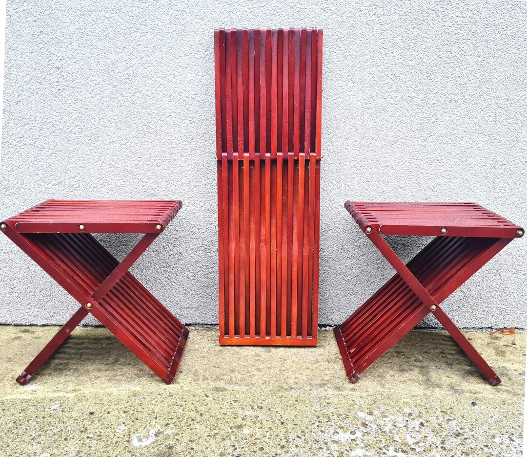 Vintage Folding Wooden Stool Fionia, Mid Century Slatted Side Tables ...