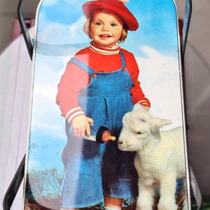 Vintage 50s Lunch Tin Handled Box with Girl and Lamb, PICNIC BASKET, Snack Cookie Tin, Metal Storage Container, Sewing or Keepsake Box