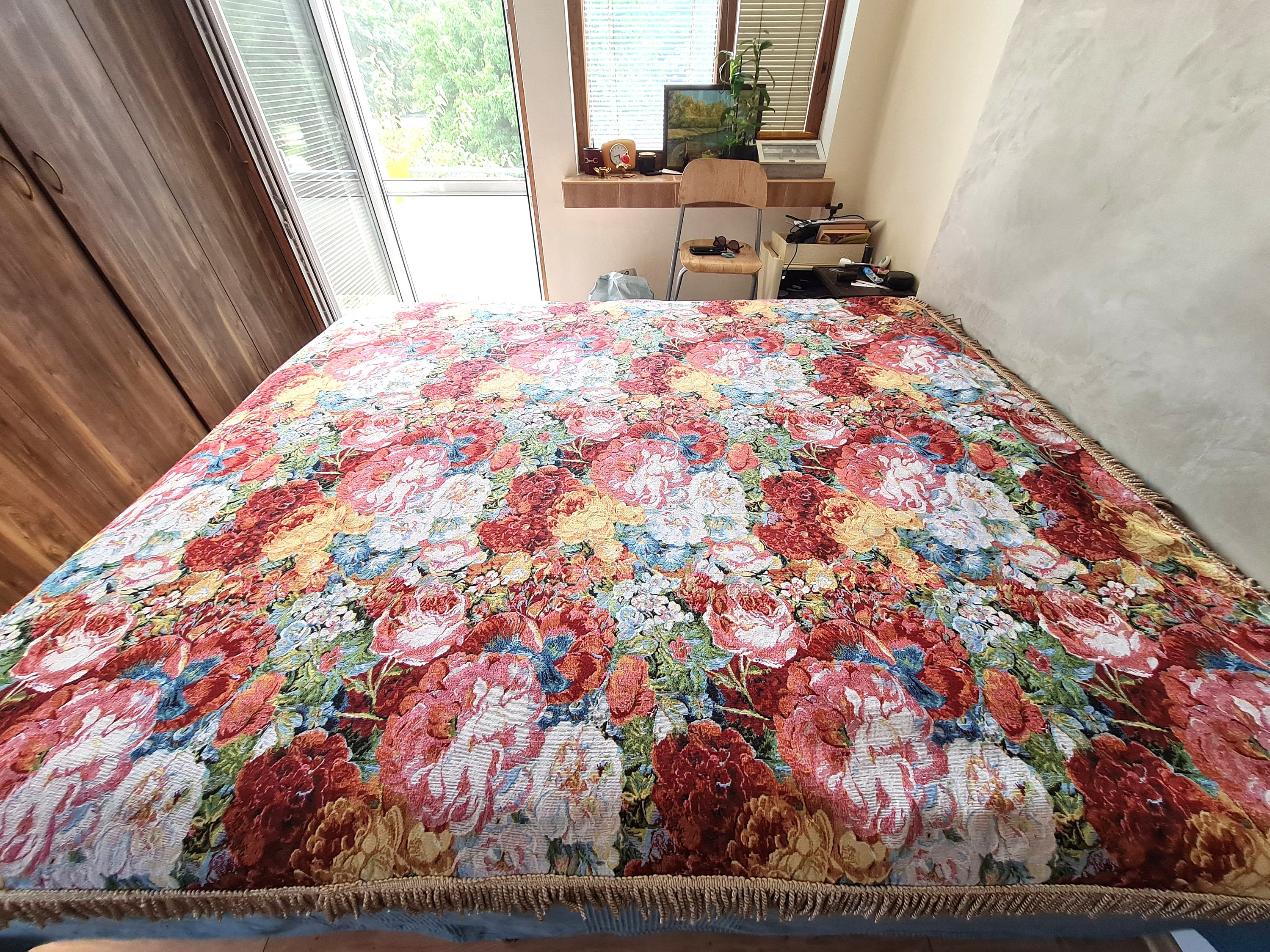 Vintage Floral Woven Throw Blanket With Gold Fringe Flower Etsy