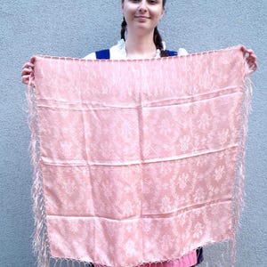 Pink Floral Dirndl Scarf DAMASK Jacquard Silk, Double-Sided Damask Square Shawl with Fringe, Traditional Oktoberfest Trachten Accessory