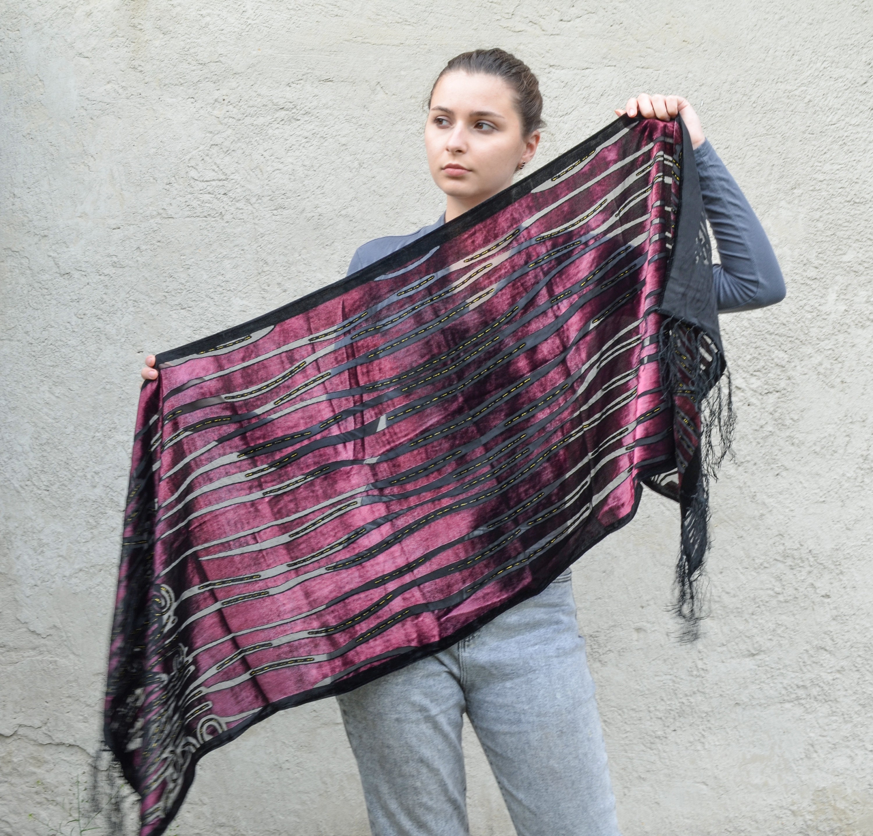 Black Purple Velvet Silk Scarf With Fringe, Burnout Velvet Shawl Wrap ...