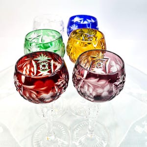 Vintage Nachtmann Liqueur Glass Set, 6 Colorful Cut Crystal Bohemian Style 30ml Cordial Goblets, Anniversary Wedding Gift
