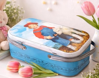 Vintage Tin Lunch Box with Handle, Retro Kids Storage Box, Blue Metal Case with Child Illustration, Nursery Decor, Toy Storage