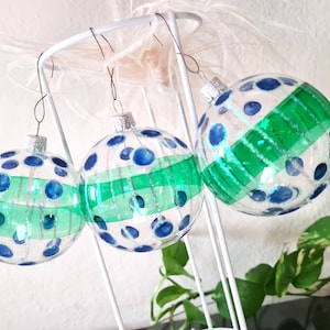 Set 3 Glass Baubles Balls 3&quot; Transparent Green Blue with Silver Glitter Details, Vintage Christmas Decorations, German Xmas Tree Decor