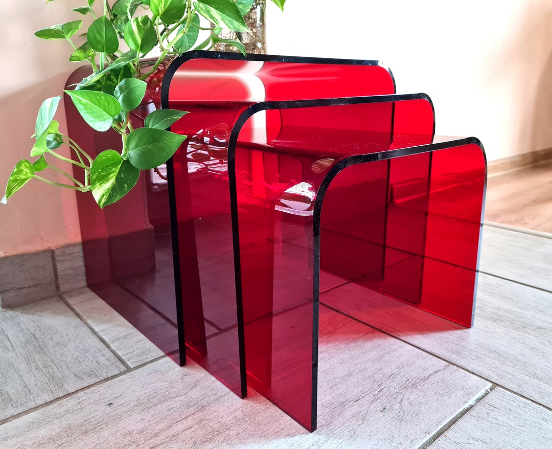 Set of 3 Red Acrylic Nesting Tables, Ca 1970 Space Age Modern