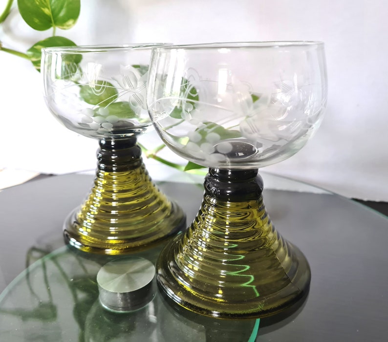 Pair Roemer Wine Glasses Goblets with Olive Green Stem, Mid Century Germany Barware, Housewarming Gift Wedding Glasses Etched Grape design