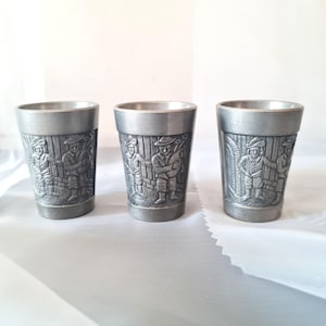 Set 3 Pewter Shot Glasses, Vintage German BLEIFREI Zinn 95% Relief Images Bar Scene, Tin Anniversary, 21st Birthday Gift