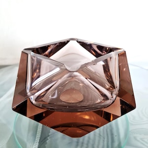 MCM MOSER Crystal Glass Ashtray Smoky Brown Geometric Cube Amethyst Glass 30s Mid Century Modern Dish, Bohemian Sculptural Art Glass Bowl