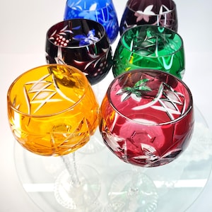 6 German Colored Wine Goblets, Bohemian Colorful Crystal Hock Glasses Set, Ajka Nachtmann Traube, Cut to Clear Stemware Barware Wedding Gift