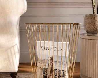 Gold Magazine Rack Stand, Metal Basket Holder, Mid Century Modern Storage Organizer, Minimalist Home Decor in style of Mathieu Mategot