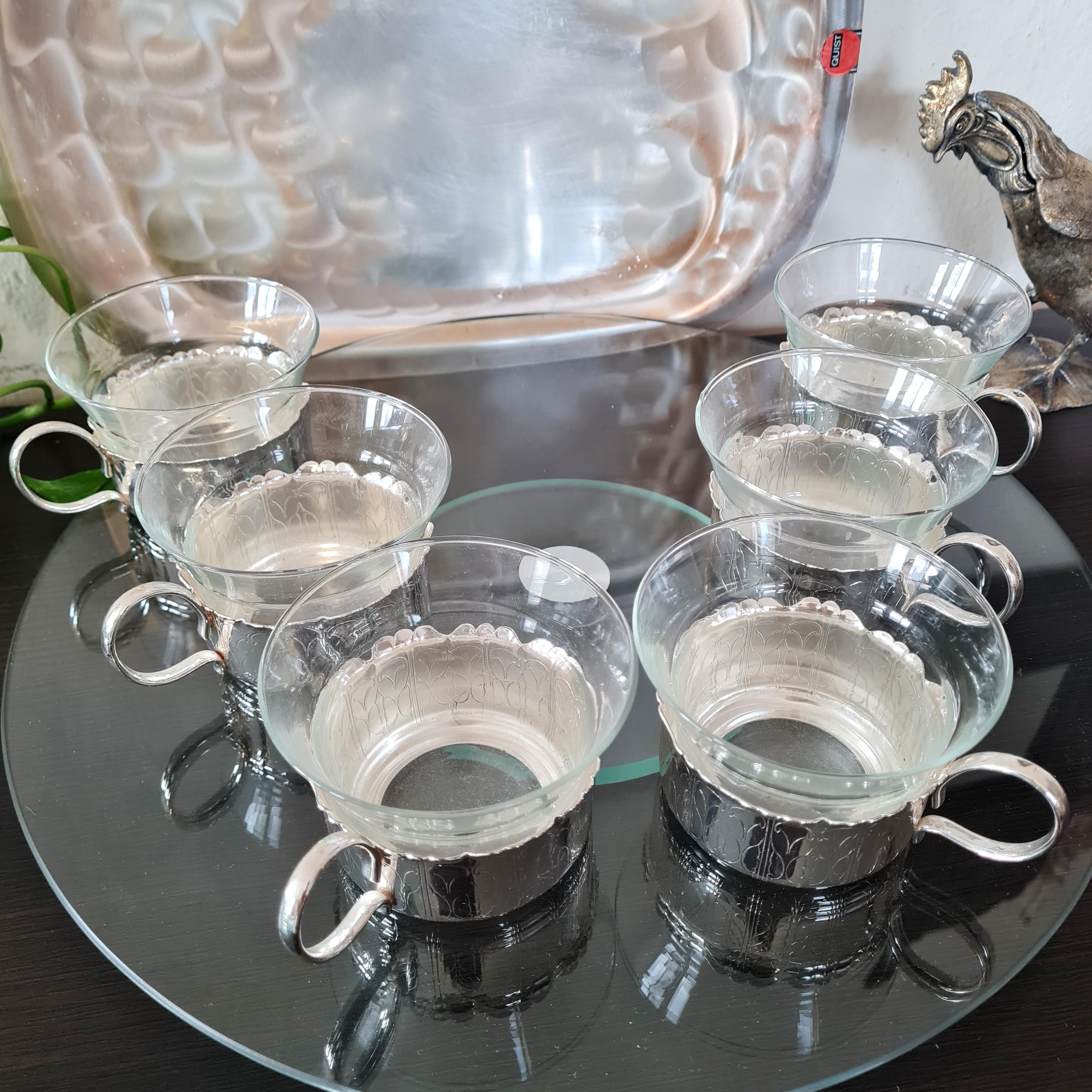 Ancien Porte Tasse en Métal Argenté avec Verre en Verre